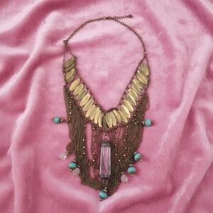 Art Deco Fringe Necklace, Soldered Crystal Pendant, Czech Glass Beads, Antiqued